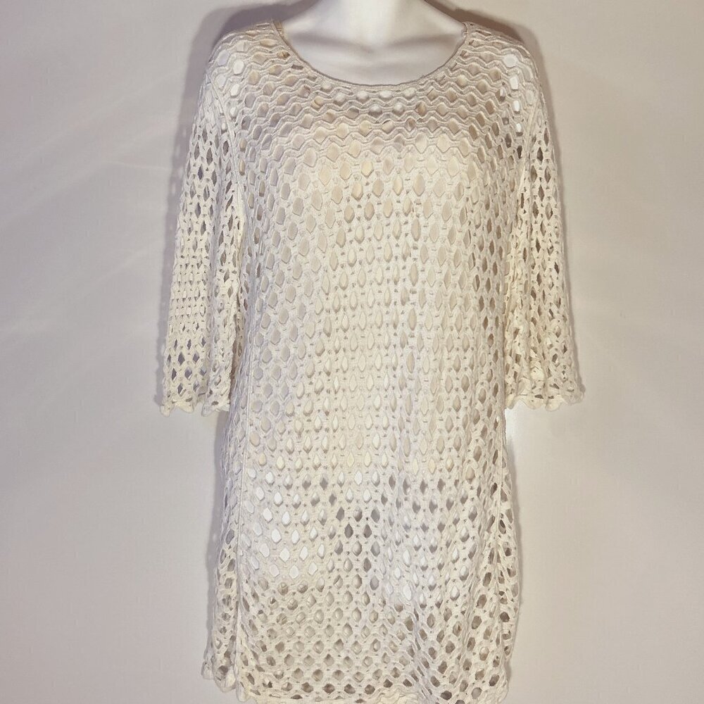 Mario Reno SZ L Ivory crochet tunic boho cover up sheer beach resort vacation